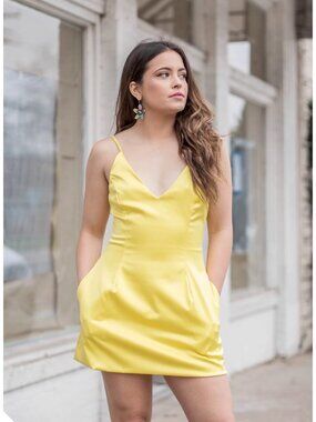 NWOT Lux LA Selena Satin Mini Dress With Pockets-Yellow